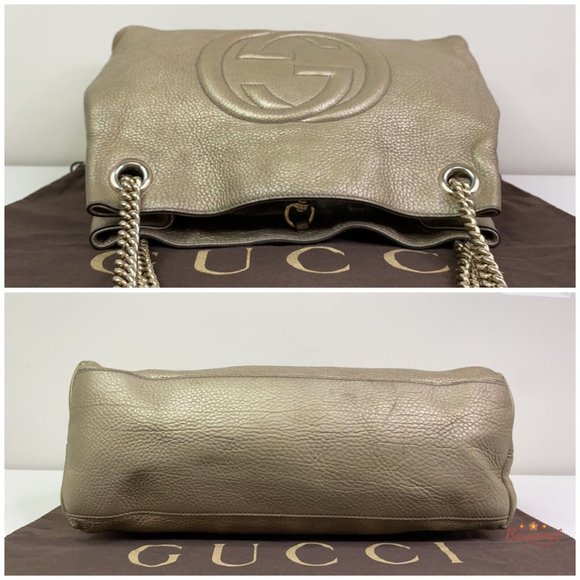 Authentic GUCCI Gold Metallic Pebbled Calfskin Medium Soho Chain Shoulder Bag - Picture 8 of 13